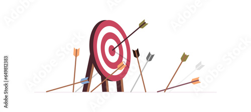 Cartoon arrows missed hitting target mark and multiple fail inaccurate attempt hit archery goal concept on background flat vector illustration. photo