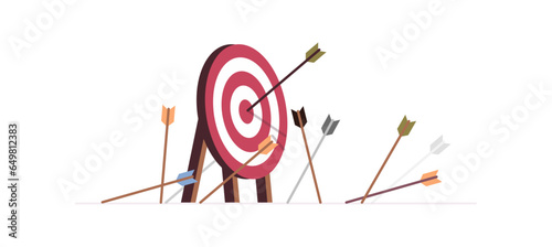 Cartoon arrows missed hitting target mark and multiple fail inaccurate attempt hit archery goal concept on background flat vector illustration.