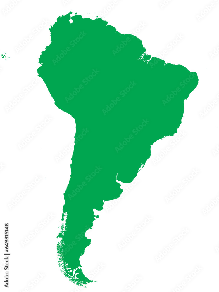 GREEN CMYK color detailed flat stencil map of the continent of SOUTH AMERICA on transparent background