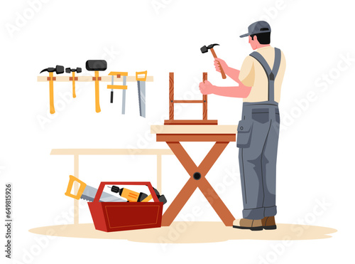 Carpentry workshop with work tools, repair and renovation