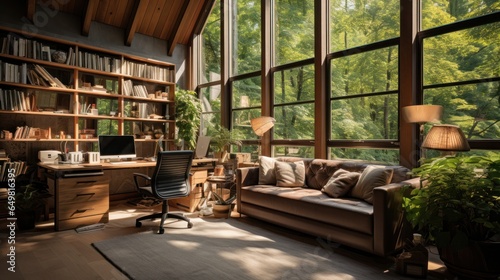 Warm and cozy home office with afternoon sunlight streaming through large windows