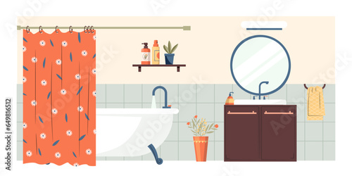 Cartoon bathroom interior with mirror and bath