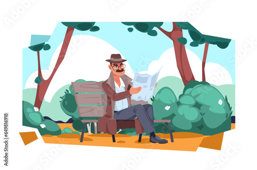 Cartoon detective character reading newspaper in park
