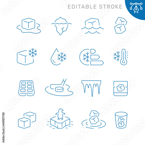 Vector line set of icons related with ice. Contains monochrome icons like icicle, hockey, floe, water, freeze, iceberg and more. Simple outline sign. Editable stroke.