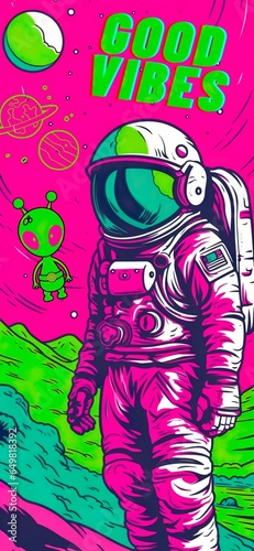 Neon colors astronaut "Good vibes" iphone background made with Ai generative