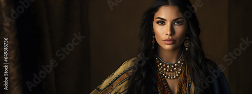mujer latina de rostro moreno con grandes ojos negros y cabello largo ropa indigena photo