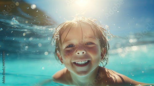 Cute smiling boy having fun swimming and diving in the pool at the resort on summer vacation. Sun shines under water and sparkling water reflection. Activities and sports to happy kid.. © pinkrabbit