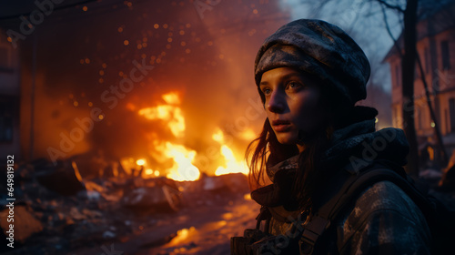 Courageous Ukrainian woman soldier in uniform  her gaze unwavering  set against the backdrop of a war-ravaged and burning city. 