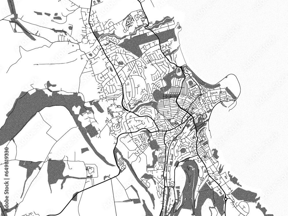 Fototapeta premium Greyscale vector city map of Scarborough in the United Kingdom with with water, fields and parks, and roads on a white background.