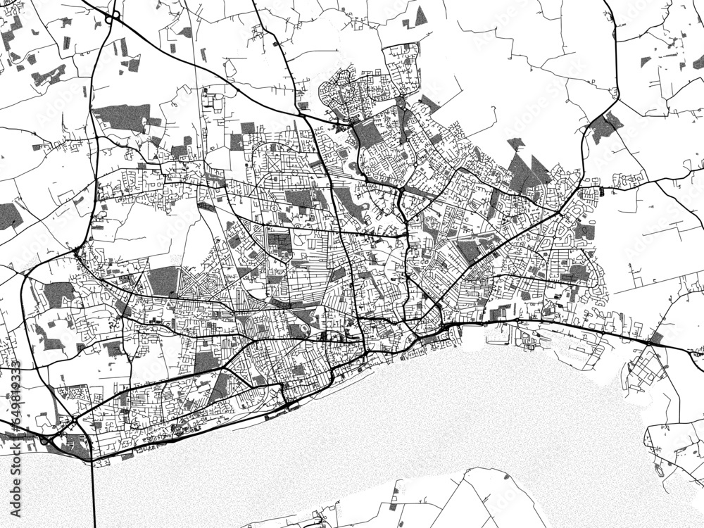 Greyscale vector city map of  Hull in the United Kingdom with with water, fields and parks, and roads on a white background.