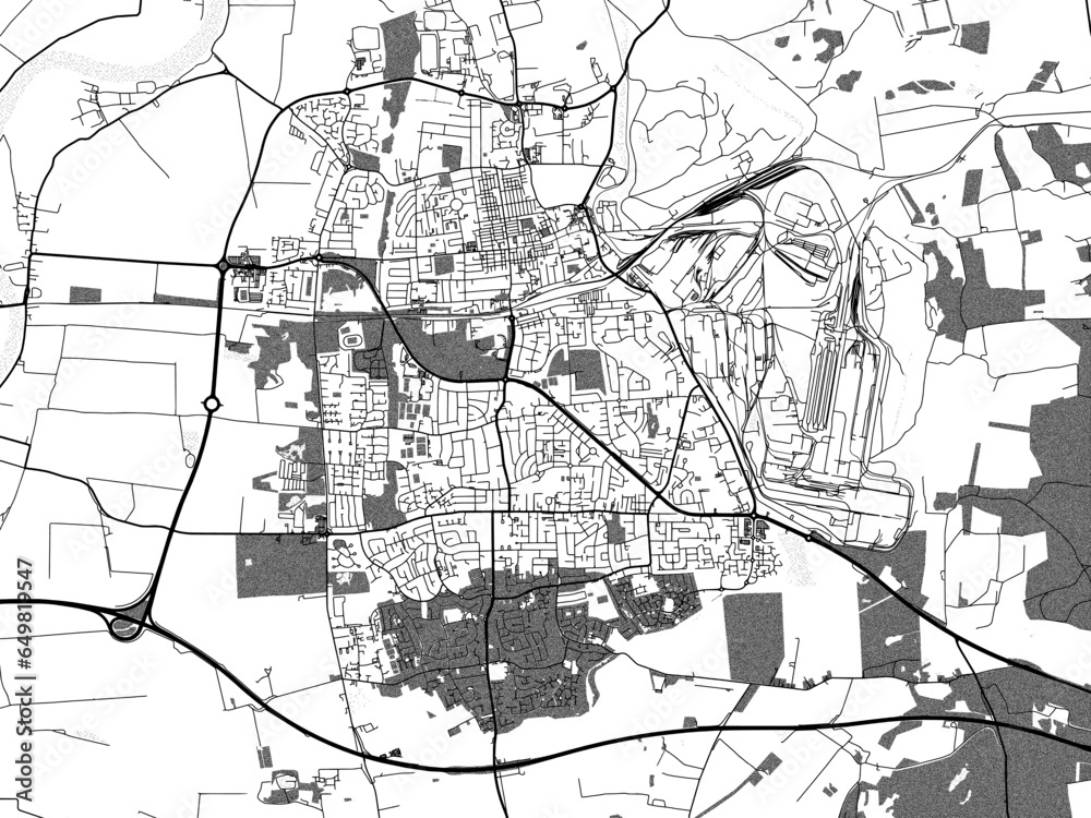 Naklejka premium Greyscale vector city map of Scunthorpe in the United Kingdom with with water, fields and parks, and roads on a white background.