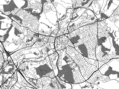 Greyscale vector city map of  Rotherham in the United Kingdom with with water, fields and parks, and roads on a white background.