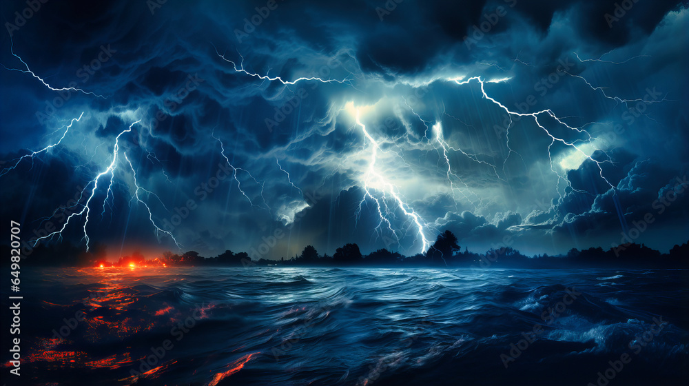 Thunderstorms Unleashing over Vast Oceans, Nature's Electrifying Show of Force - obrazy, fototapety, plakaty 