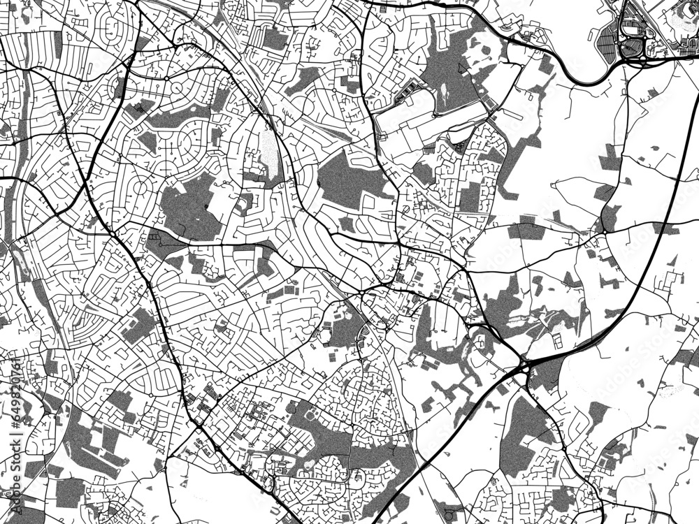 Greyscale vector city map of  Solihull in the United Kingdom with with water, fields and parks, and roads on a white background.