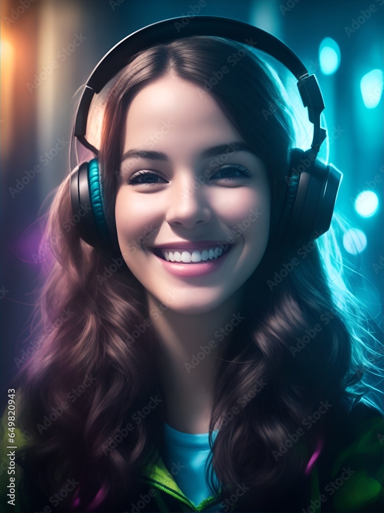 custom made wallpaper toronto digitalBeautiful cheerful young woman with headphones listening to music, Ai