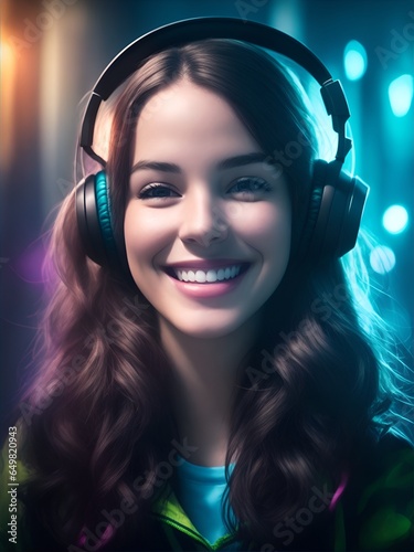 Wallpaper Mural Beautiful cheerful young woman with headphones listening to music, Ai Torontodigital.ca