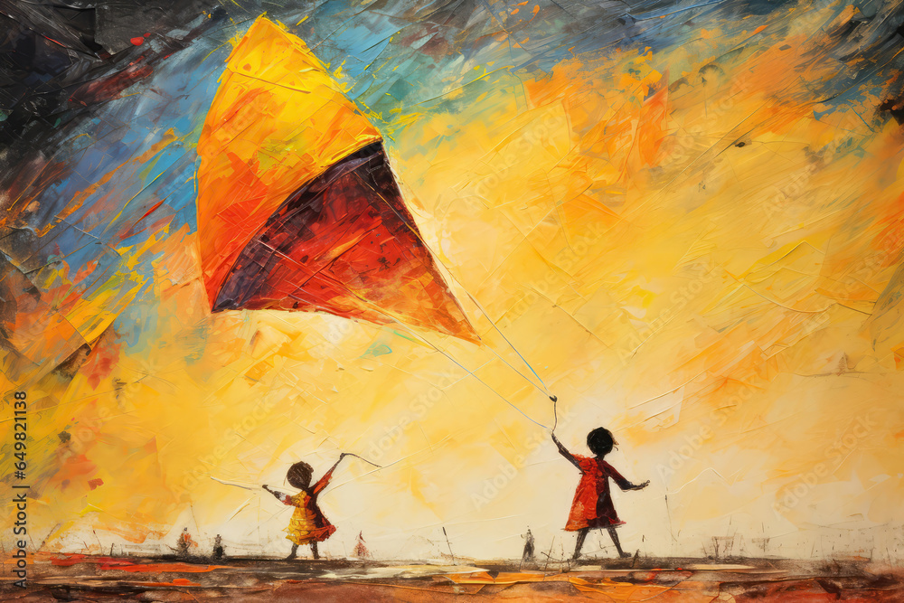 Fototapeta premium Kids Flying Kites Painted With Crayons