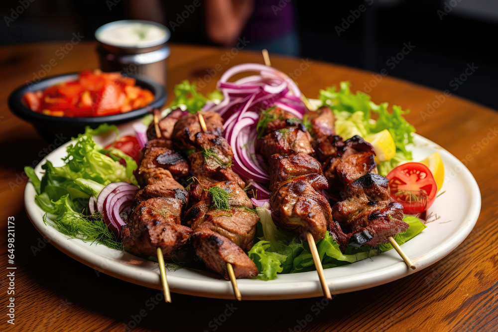 Kebabs On Plate In Scandinavianstyle Cafe Kebabs On Plate In Scandinavianstyle Cafe