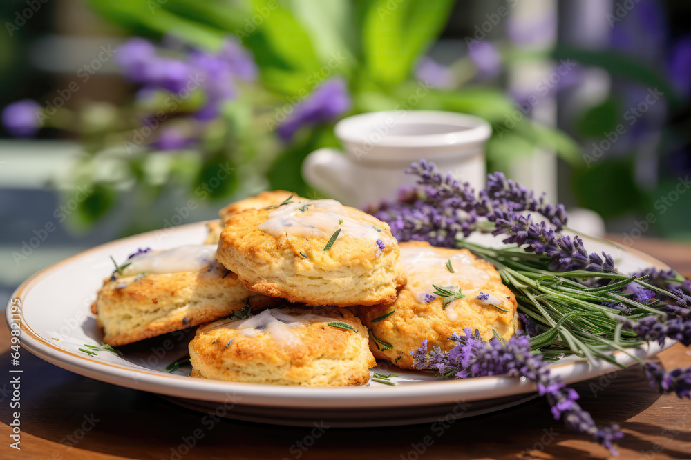Lavender Scones On Plate In Botanicalstyle Cafe Lavender Scones On Plate In Botanicalstyle Cafe