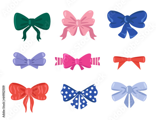 Cute hair bowknot and gift package tied elements, cartoon colorful woman hairstyle different shapes and textures