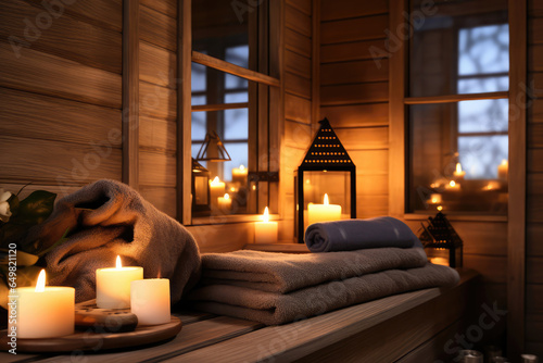 Inviting Sauna Room With Soft Candlelight And Music photo