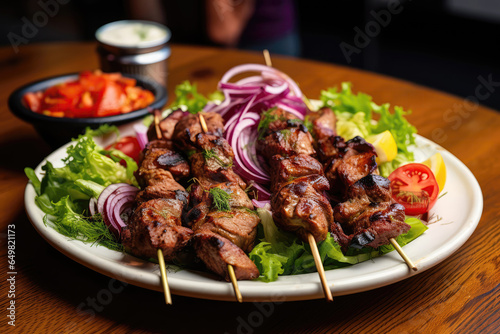 Kebabs On Plate In Scandinavianstyle Cafe photo