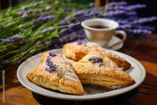 Lavender Scones On Plate In Botanicalstyle Cafe photo