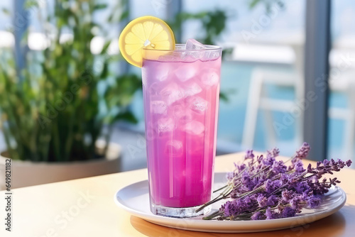 Lavender Lemonade On Plate In Botanicalstyle Cafe photo