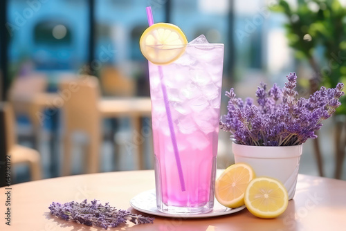 Lavender Lemonade On Plate In Botanicalstyle Cafe photo