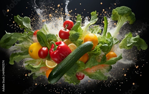 Composition of various vegetables on a monochrome background. Explosion of vegetables  concept art for advertising and business