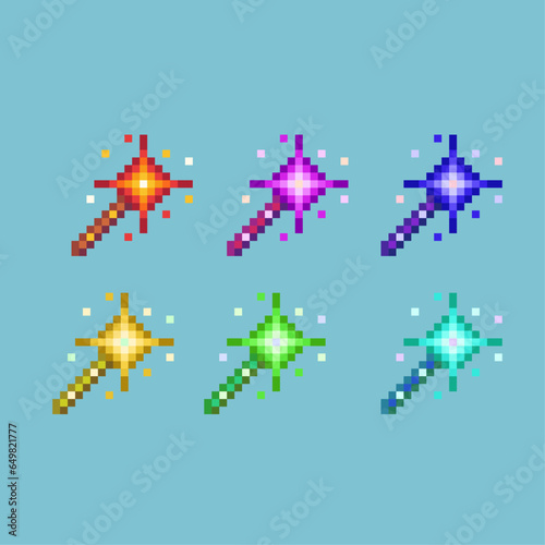 Pixel art sets of witch magic wand with variation color item asset. simple bits of magic wand on pixelated style 8bits perfect for game asset or design asset element for your game design asset