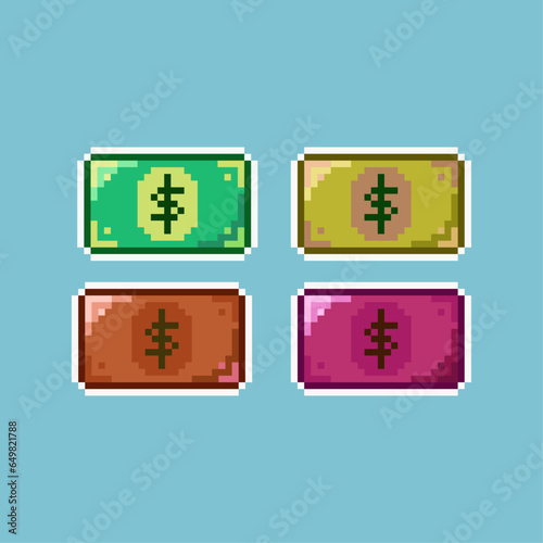Pixel art sets of business currency with variation color item asset. simple bits of paper currency on pixelated style 8bits perfect for game asset or design asset element for your game design asset