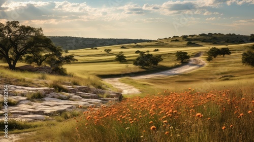 green texas hill country illustration colorful outdoor  scenic flowers  wildflowers sky green texas hill country