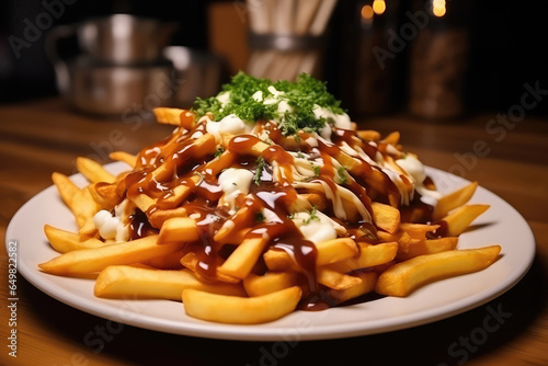 Poutine On Plate In Scandinavianstyle Cafe photo