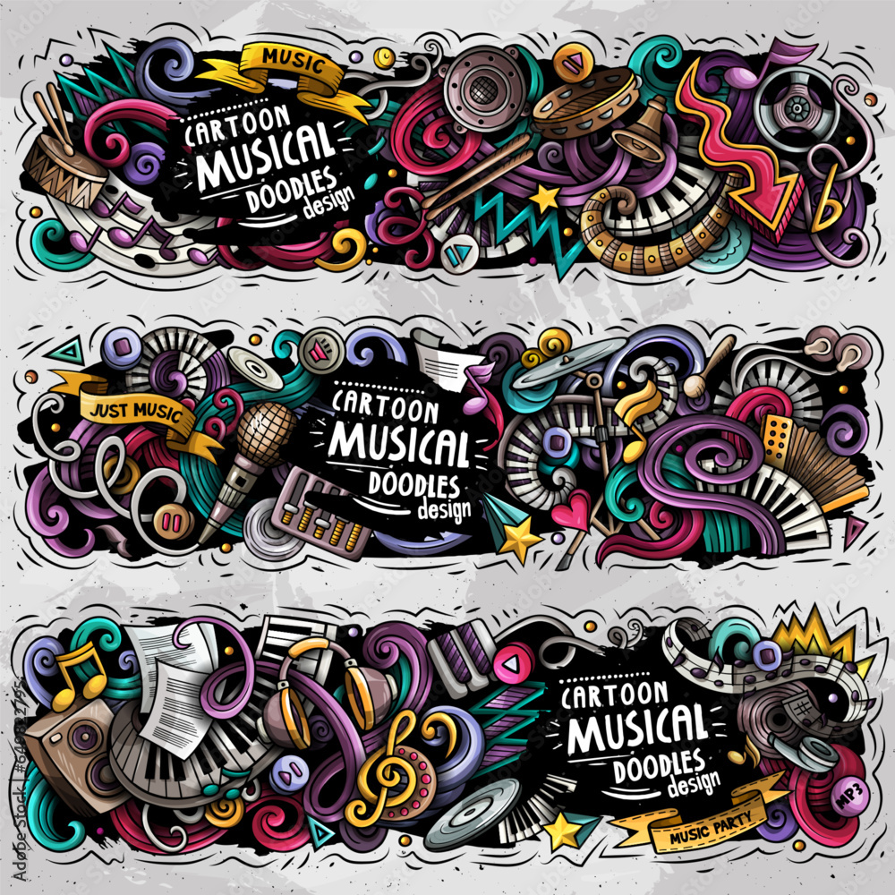Music cartoon doodles illustration. Colorful musical vector banners