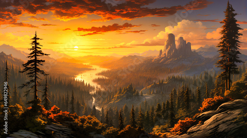 Towering Sequoias Bathed in Golden Sunset, Forest Giants Basking in Evening's Embrace,