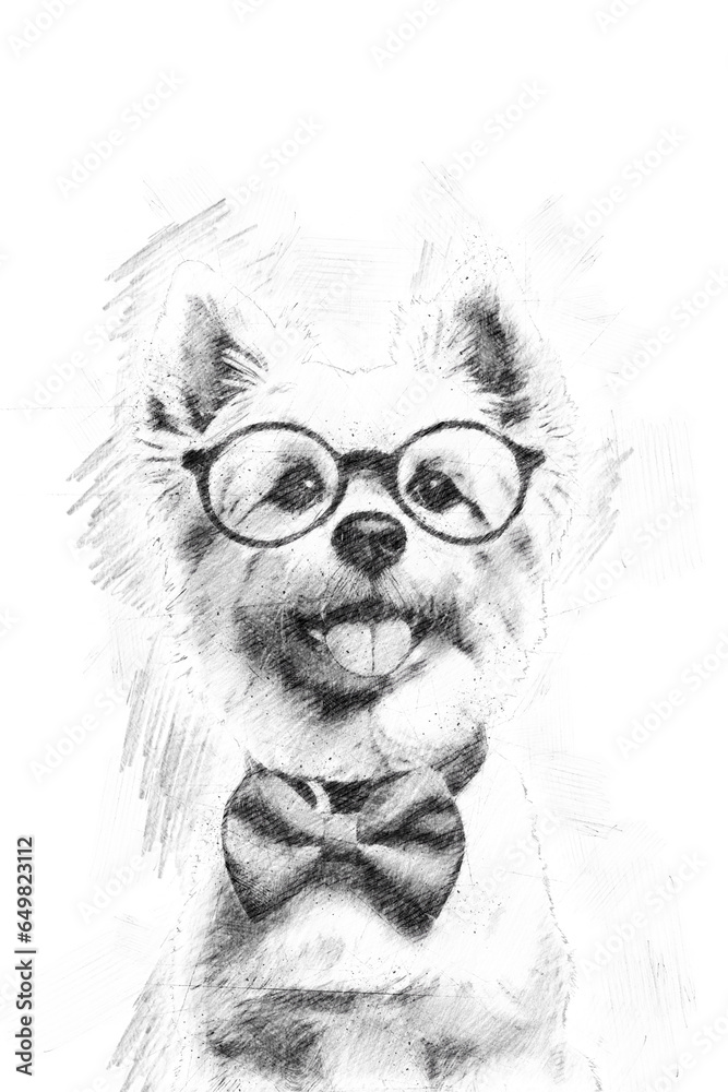 Dog artwork with pencil sketch drawing style isolated in white background