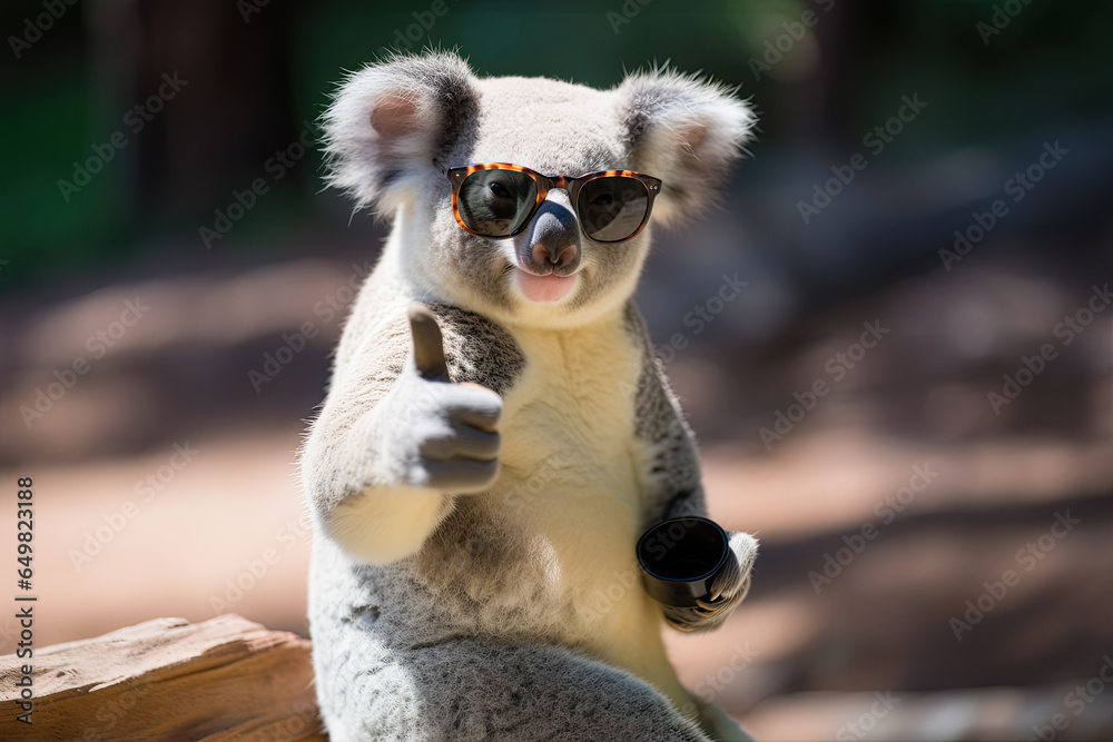A cute funny smiling koala in sunglasses is thumbs up, holding a cup in the other paw while sitting on a log on a blurred background - obrazy, fototapety, plakaty 