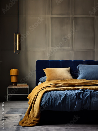 The bedroom interior with a modern bed next to a beige wall with an indigo upholstered headboard, blue and mustard bedding, a gold modern pendant above a bedside table with books, a rug on the floor