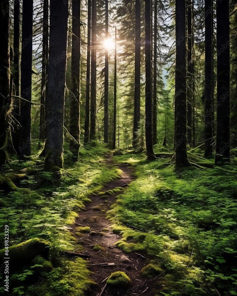 Obraz premium Path through a dense forest with tall trees