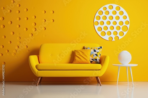 Yellow sofa and coffee tablea gainst of circle patterned wall photo