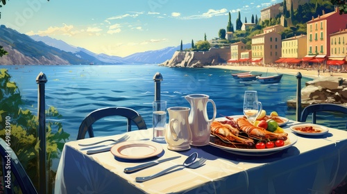 people italian coastal dining illustration sea blue, mediterranean outdoor, table tourism people italian coastal dining