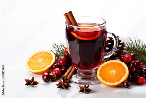 Christmas mulled wine with spices isolated on white, hot Winter holiday drink