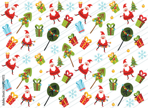 christmas pattern with holiday details (santa claus,snowflake, gifts, balls, candy, snowman). Vector illustration