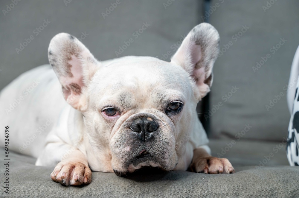 white french bulldog sitting on a gray sofa