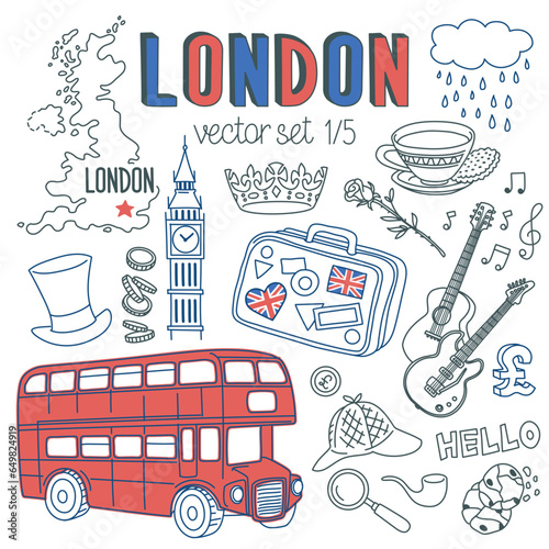 London doodle set. Landmarks, architecture and traditional symbols of English culture. Drawings isolated on white background. Outline stroke is not expanded, stroke weight is editable