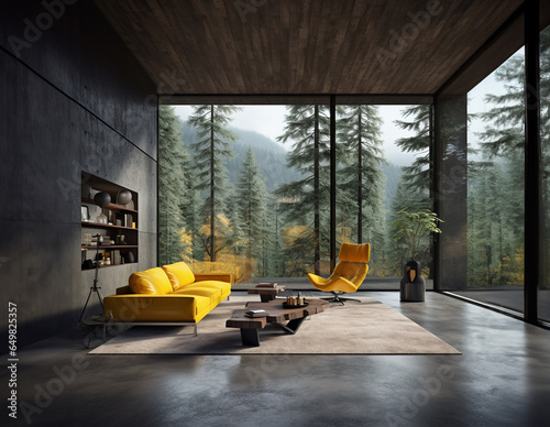 Modern minimalistic ecological interior in the forest. Dark concrete yellow furniture and details. Real estate. Generative AI photo