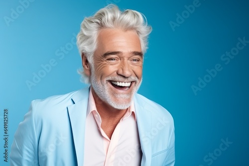 Hombre apuesto adulto de pelo blanco y sonrisa encantadora, sobre fondo neutro. Concepto tercera edad. 