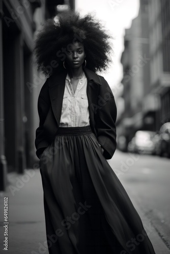 A black woman wearing a stylish monochrome coat strides confidently down the street in the autumn air, her big afro hair dancing in the wind photo