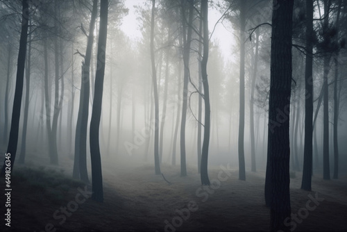 Old pine forest, misty day, in the style of romanticism vintage photo. Dull misty day hills landscape photo